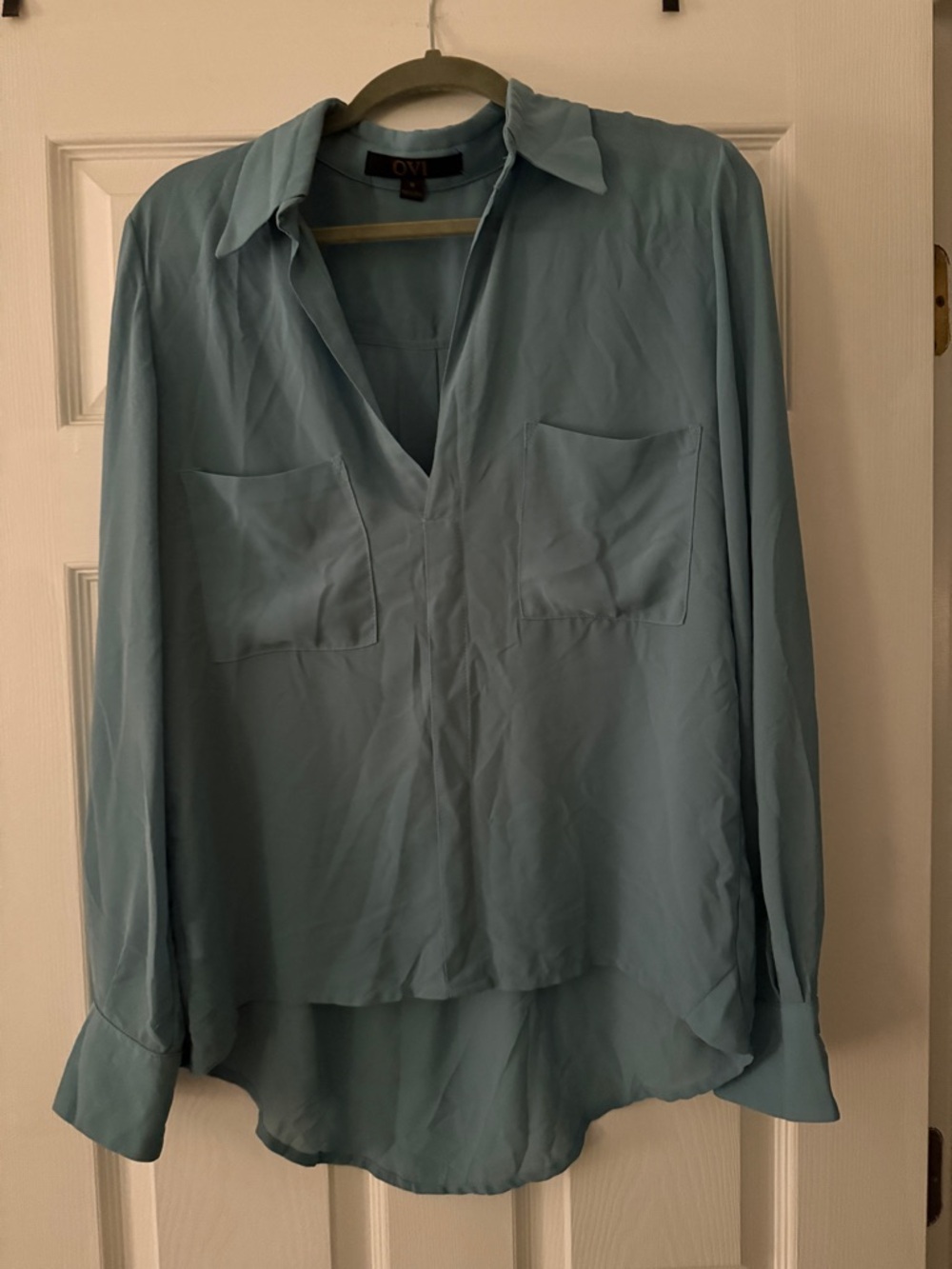 Ovi Light Blue Button-Down Style V-Neck Blouse